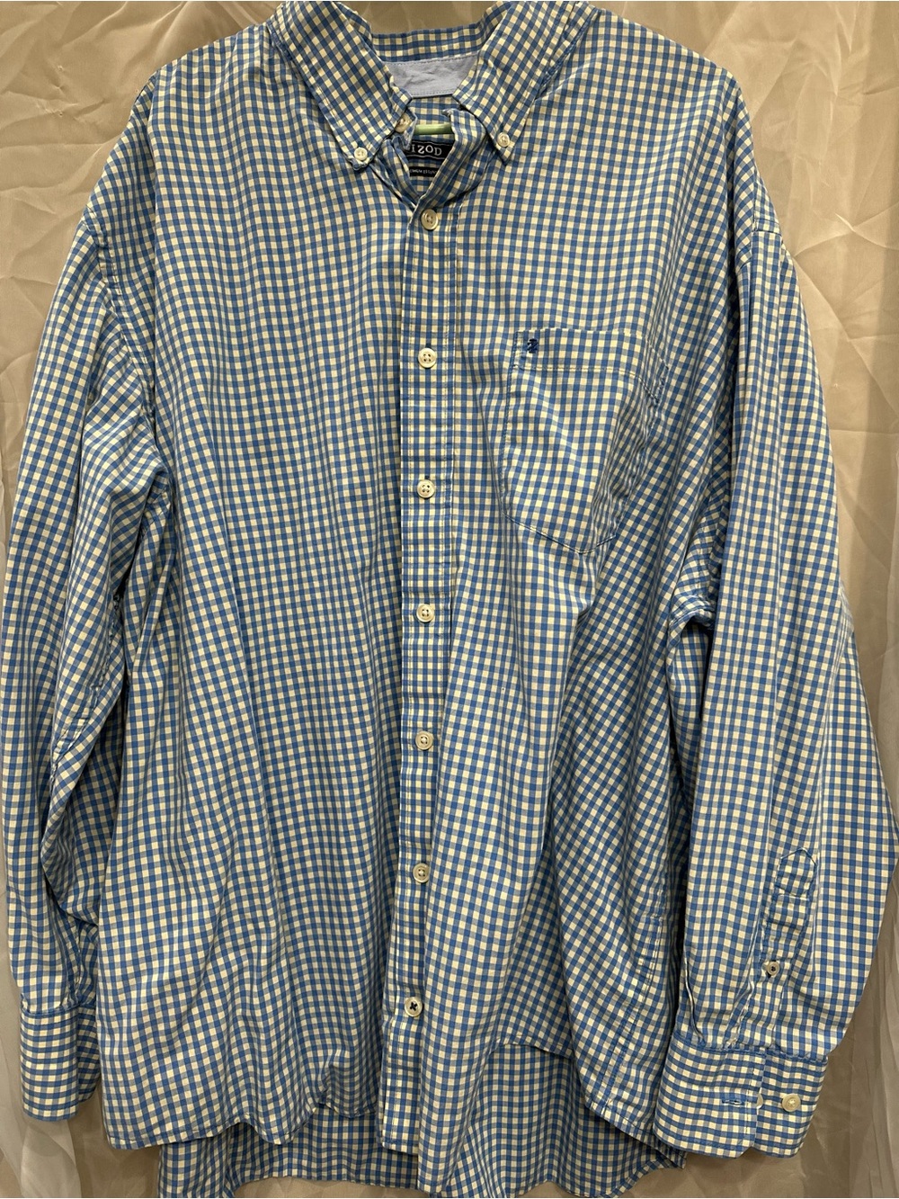 Izod Men's Light Blue, Cream and White Gingham Button-Down Shirt